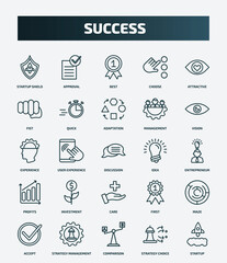 set of 25 special lineal success icons. outline icons such as startup shield, approval, attractive, adaptation, experience, idea, investment, maze, comparison, strategy choice line icons.