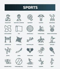 set of 25 special lineal sports icons. outline icons such as pencak silat, basketball champion, breakdance, exercise ball, starting line, horseback, saber, squash, jet surfing, capoeira line icons.