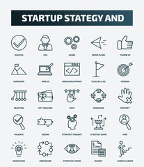 set of 25 special lineal startup stategy and icons. outline icons such as success, ceo, thumb up, web development, reaction, franchise, jigsaw, hire, strategic vision, budget line icons.