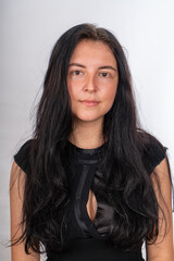 Fototapeta premium Woman posing on isolated white background, selective focus shot.