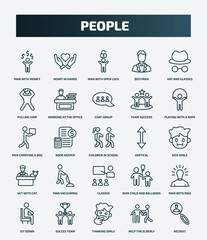set of 25 special lineal people icons. outline icons such as man with money, heart in hands, hat and glasses, chat group, men carrying a box, vertical, man vacuuming, man with idea, thinking smile,