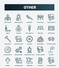 set of 25 special lineal other icons. outline icons such as robot of japan, arab woman with hijab, dentist business card, metal paper clip, work hammer, pirate pumpkin, mechanical gears, milestone,
