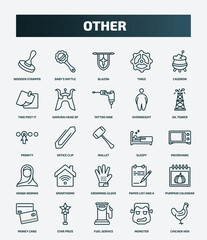 Fototapeta premium set of 25 special lineal other icons. outline icons such as wooden stamper, baby's rattle, caudron, tattoo hine, prority, sleepy, smarthome, pumpkin calendar, fuel service, monster line icons.