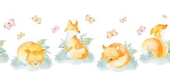 Watercolor seamless border. Cute fox cubs, children's border. for fabric, textile, baby design, packaging