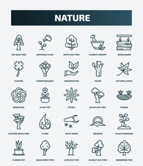 set of 25 special lineal nature icons. outline icons such as the oaks tree, watering plant, wood board, conservation, whirlpool, black oak tree, flame, plants growing, leafless tree, scarlet oak