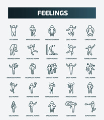 set of 25 special lineal feelings icons. outline icons such as fat human, impatient human, lonely human, sleepy energized great inspired better special lost line icons.
