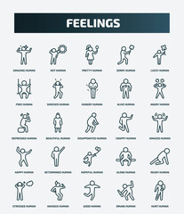 set of 25 special lineal feelings icons. outline icons such as amazing human, hot human, lucky human, hungry depressed crappy determined ready good drunk line icons.