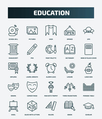 set of 25 special lineal education icons. outline icons such as school bell, pictures, ufo, paint palette, diploma, leisure, comedy mask, periodic table, rulers, ebook line icons.