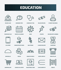 set of 25 special lineal education icons. outline icons such as online class, unknown topic, student and books, virus, cellphone, closed envelope, creche, greek pillar, educational video, is an
