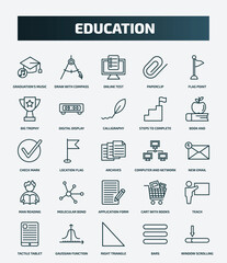 set of 25 special lineal education icons. outline icons such as graduation's music, draw with compass, flag point, calligraphy, check mark, computer and network, molecular bond, teach, right