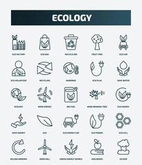 set of 25 special lineal ecology icons. outline icons such as eco factory, eco bag, eco car, warming, ecology, wind bending tree, cell, green energy source, and books line icons.