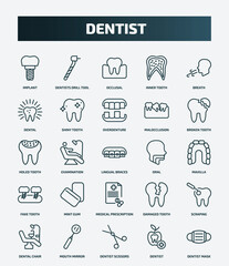set of 25 special lineal dentist icons. outline icons such as implant, dentists drill tool, breath, overdenture, holed tooth, oral, mint gum, scraping, dentist scissors, dentist line icons.