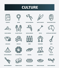 set of 25 special lineal culture icons. outline icons such as vegemite, beads, beijing roast duck, aw on a branch, ajoblanco, kokoshnik, pa kua mirror, nefertiti, steamed bread, crema catalana line