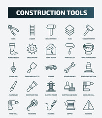 set of 25 special lineal construction tools icons. outline icons such as plier, ladder, sledge hammer, home repair, plumb bob, repair wrench, scratcher tool, cordless drill, drawing, copper line