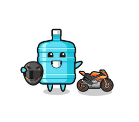 cute gallon water bottle cartoon as a motorcycle racer