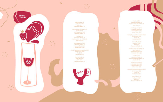 Drinks menu design. Cocktail, coffee. Vector layout for a restaurant, bar near the beach. Poster, flyer, list, banner. Pink, red, gold. Doodles, lines, hand-drawn design elements