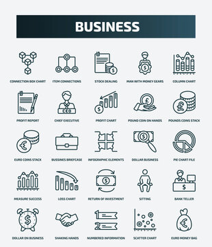 set of 25 special lineal business icons. outline icons such as connection box chart, item connections, column chart, profit chart, euro coins stack, dollar business search, loss bank teller,