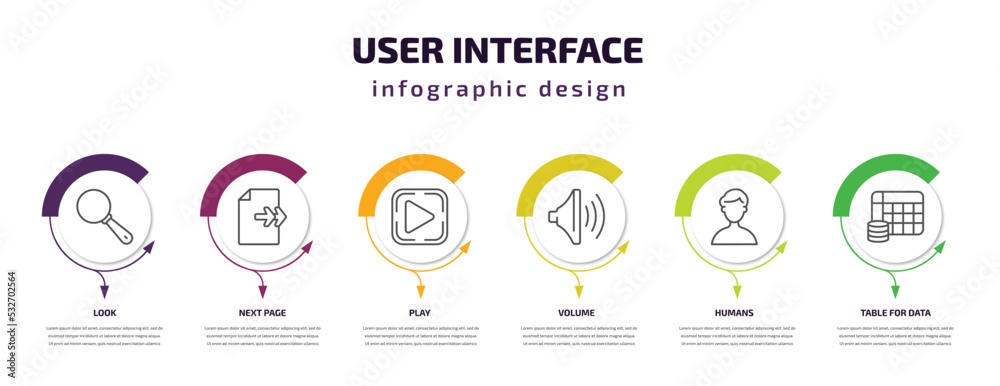 Poster user interface infographic template with icons and 6 step or option. user interface icons such as lo