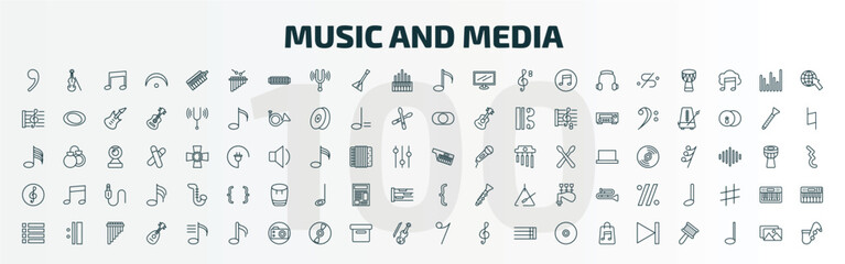 set of 100 special lineal music and media icons set. outline icons such as breath mark, marimba, semiquaver, keytar, clef, bracket, dotted barline, sixteenth note, eight note rest, skip line icons.