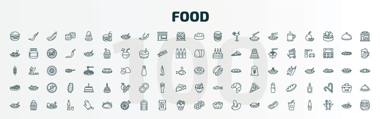 set of 100 special lineal food icons set. outline icons such as burguer, hamburger and drink, dog food, chote donut, foods, bowl with vegetables, cantonese seafood soup, mexican, flower shaped