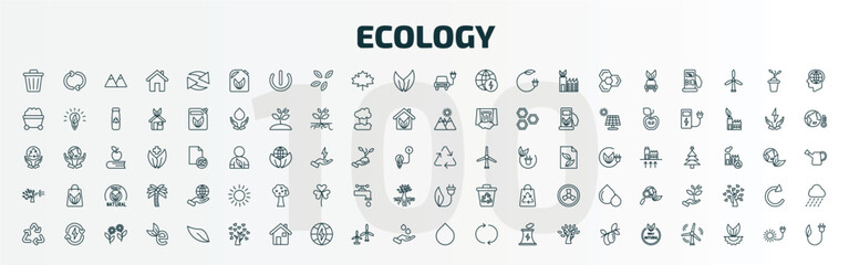 Fototapeta premium set of 100 special lineal ecology icons set. outline icons such as dust bin, biodiesel, eco energy car, recycle, wind bending tree, eco power, recycling, tree of love, drop, 100 % natural badge line