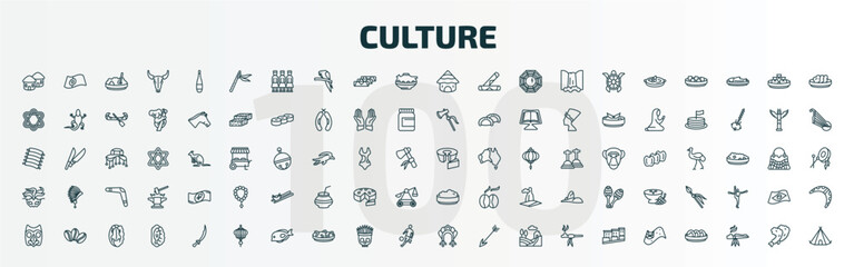 set of 100 special lineal culture icons set. outline icons such as indian village, native american flute, mud hut, bolo de fuba, brazil carnival mask, rice pudding, native american mask, paper