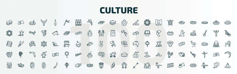 Fototapeta premium set of 100 special lineal culture icons set. outline icons such as indian village, native american flute, mud hut, bolo de fuba, brazil carnival mask, rice pudding, native american mask, paper
