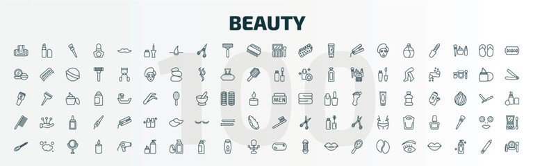 set of 100 special lineal beauty icons set. outline icons such as wet wipes, eyeliner, eye shadow, men cream, inclined comb, toothbrush, nail file, skincare, little makeup box, woman eye line icons.