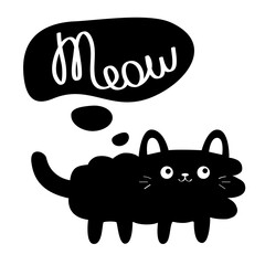 Black fluffy cat looking up to meow lettering text. Think talk speech bubble. Cute cartoon character. Kawaii animal. Love Greeting card. Flat design style. White background. Isolated.