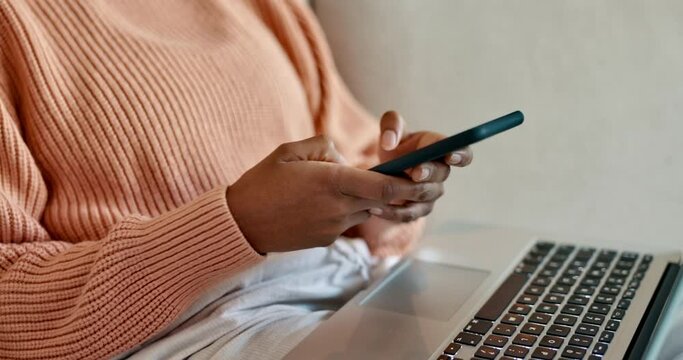 Black woman hands, laptop and phone for social media break from college education, university study and elearning in a house. Zoom on scholarship student with communication technology for school work
