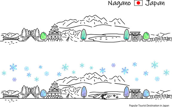 冬の長野県の観光地の街並みのシンプル線画セット（千畳敷カール）