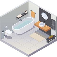 isometric bathroom with toilet and equipment, vector illustration