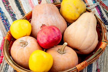 A basket full of pumpkins, apples, quinces and pomegranates placed on a patterned rug. Close up photo.