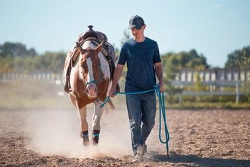 Küchenrückwand glas motiv A young male cowboy leads his pinto horse through a sandy dusty arena. Western horse training on rope and rope halter. Horsemenship. Summer photo of a saddled western horse and a man in the manege. © OleksandrZastrozhnov