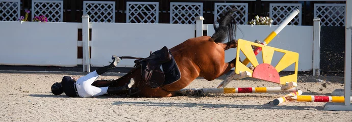 Poster A rider falls from a horse during a show jumping competition. An equestrian accident. The rider and horse were not injured. © OleksandrZastrozhnov