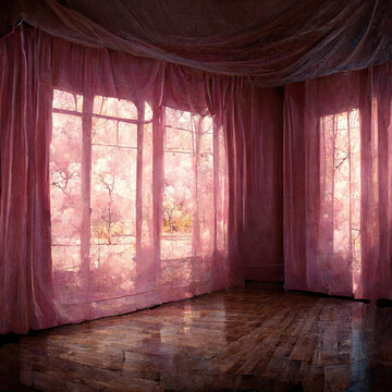 empty dance room with pink blooming garden view from windows though transparent curtains fantasy world ai generated image