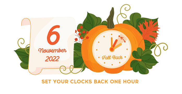 Daylight saving time ends 2022, Fall Back banner. Alarm clock and calendar date of sunday, November 6. Fall Backward vector illustration with clocks and pumpkin. Reminder text set clock back one hour