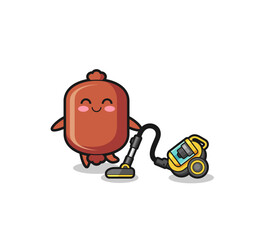 cute sausage holding vacuum cleaner illustration
