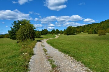 Fototapeta na wymiar Gravel road leading across countryside near Pivka in Notranjska, slovenia