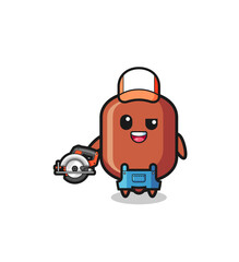 the woodworker sausage mascot holding a circular saw
