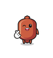sausage character doing Korean finger heart