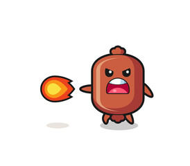 cute sausage mascot is shooting fire power