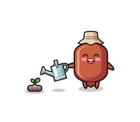cute sausage is watering plant seeds