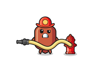 sausage cartoon as firefighter mascot with water hose