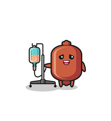 cute sausage character standing with infusion pole