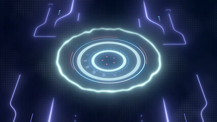 3d illustration of abstract digital neon circles on dark background.