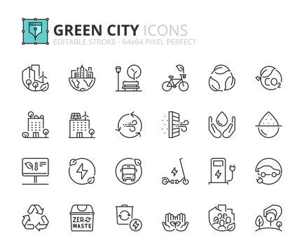 Simple set of outline icons about green city. Sustainable development.