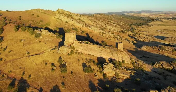 Sunlight Through The Castillo De Zafra - Tower Of Joy game of thrones castle In Campillo de Due&ntilde;as, Guadalajara, Spain. Aerial Wide Shot
