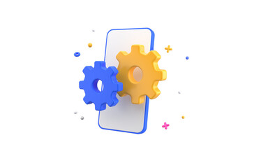 Configuration Setting icon Gear with smartphone isolated on white background. Blue and yellow gear shapes Web Design Notification Icon 3d rendering