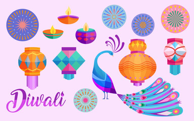 Colorful Diwali elements set